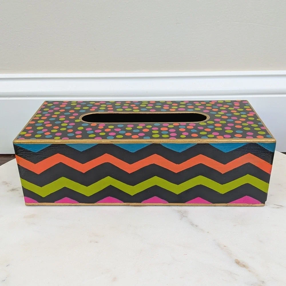 Mackenzie Childs Trampoline Standard Tissue Box Cover Bright Zig Zag Polka Dots - Picture 1 of 7